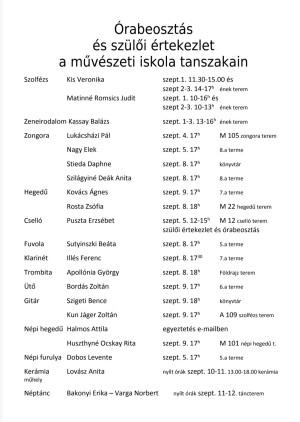 Órabeosztás a művészeti iskolában