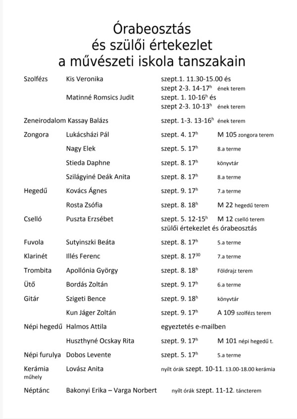 Órabeosztás a művészeti iskolában